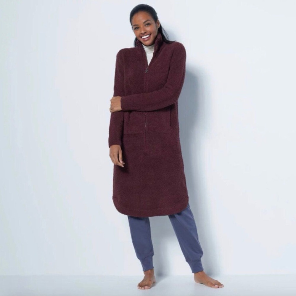 Barefoot Dreams deep aubergine maroon half zip short midi lounger sweater dress